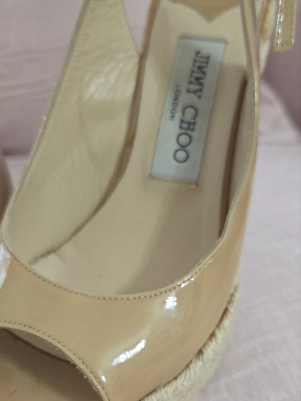 Jimmy Choo Beige Leather Peep-Toe Wedge Espadrilles
